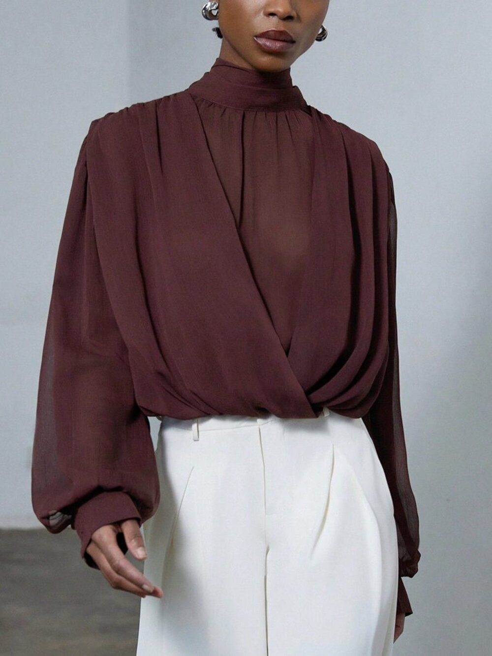 Rusty Rose Elegant Women's Tie Neck Detail Mock Neck Blouse - Picture 5 of 5